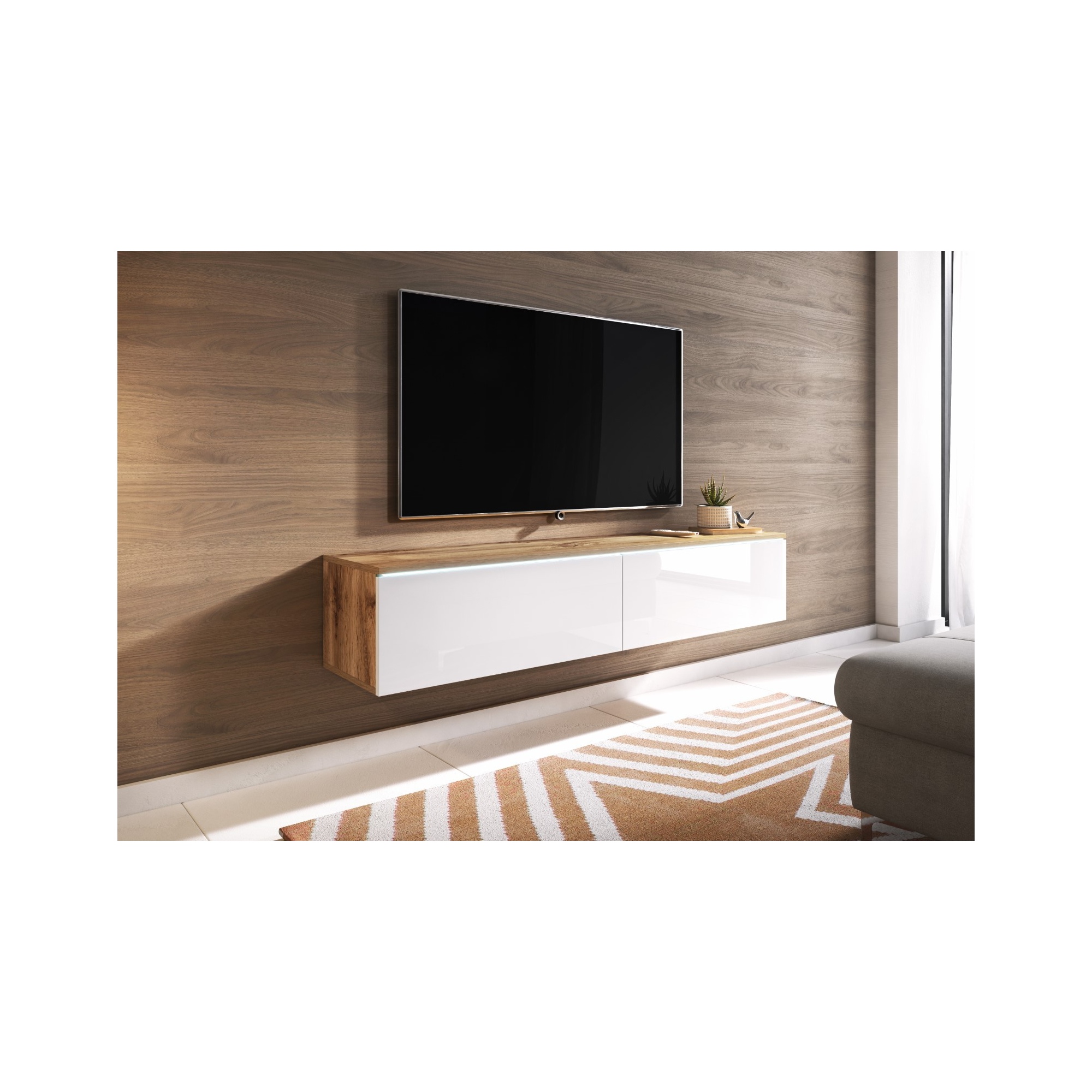 Szafka wisząca pod telewizor dąb wotan/biały połysk