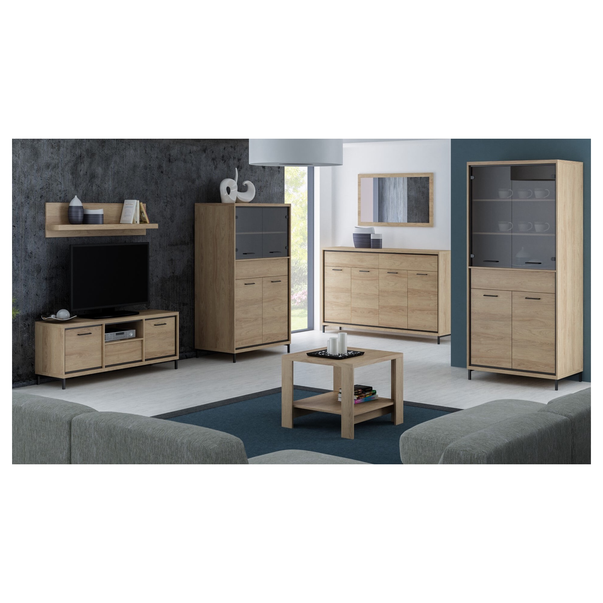 Witryna wysoka do salonu COMO 92 cm w kolorze natural hikora