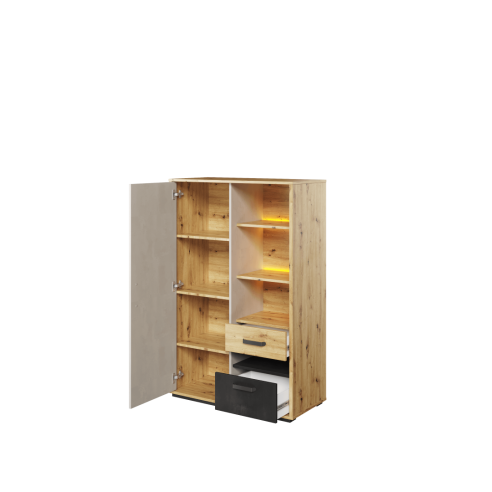 Regał niski KUBA 90 cm dąb artisan/raw steel/silk flou