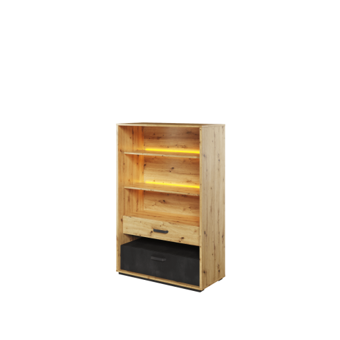 Regał z dwoma szufladami KUBA dąb artisan/raw steel/silk flou