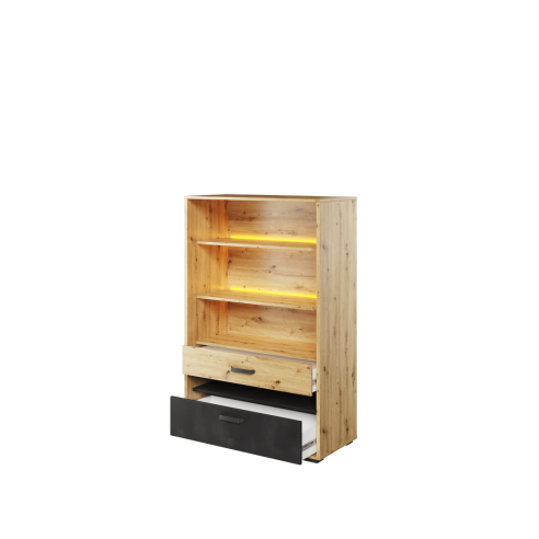 Regał z dwoma szufladami KUBA dąb artisan/raw steel/silk flou