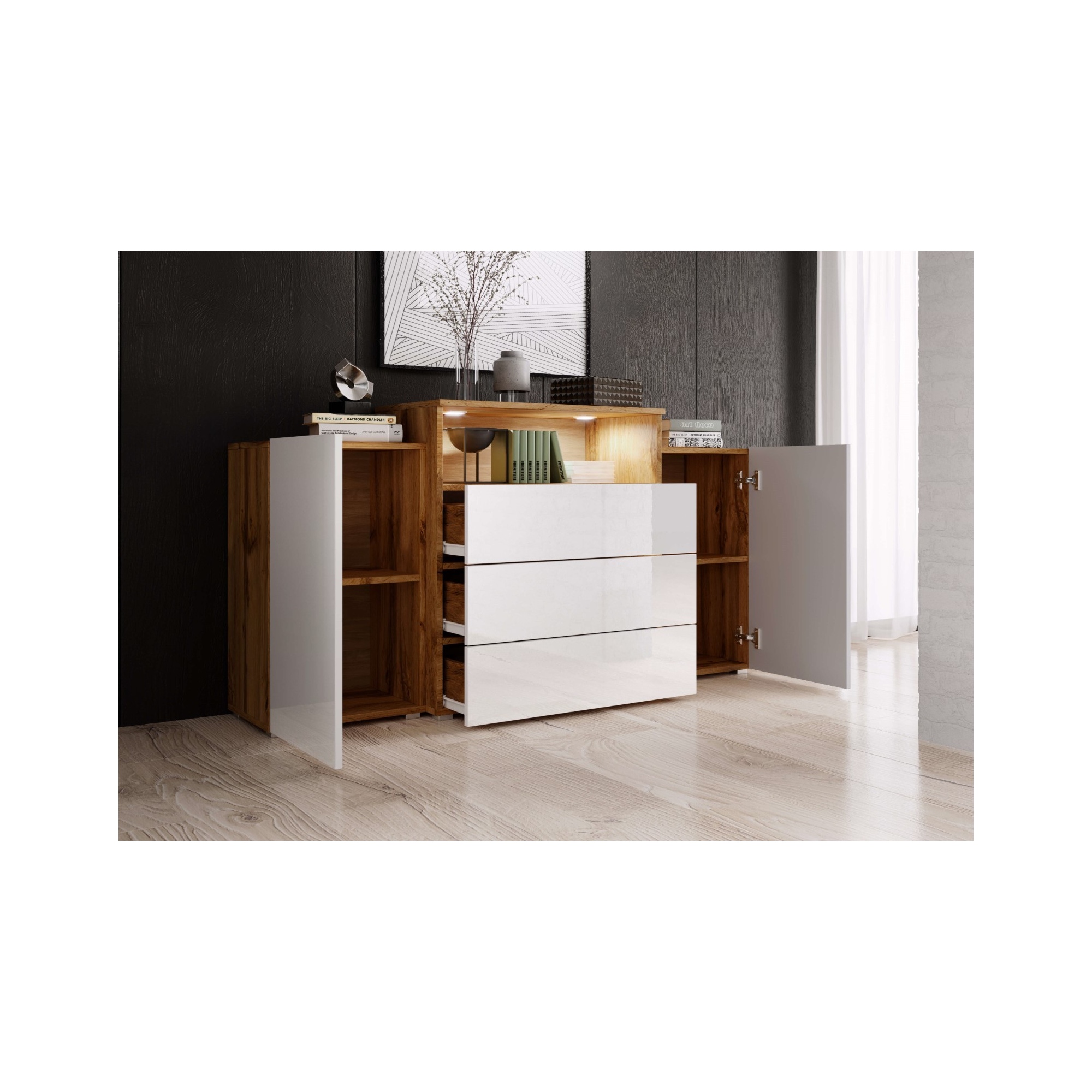 Komoda do salonu KORFU III dąb wotan/biały połysk
