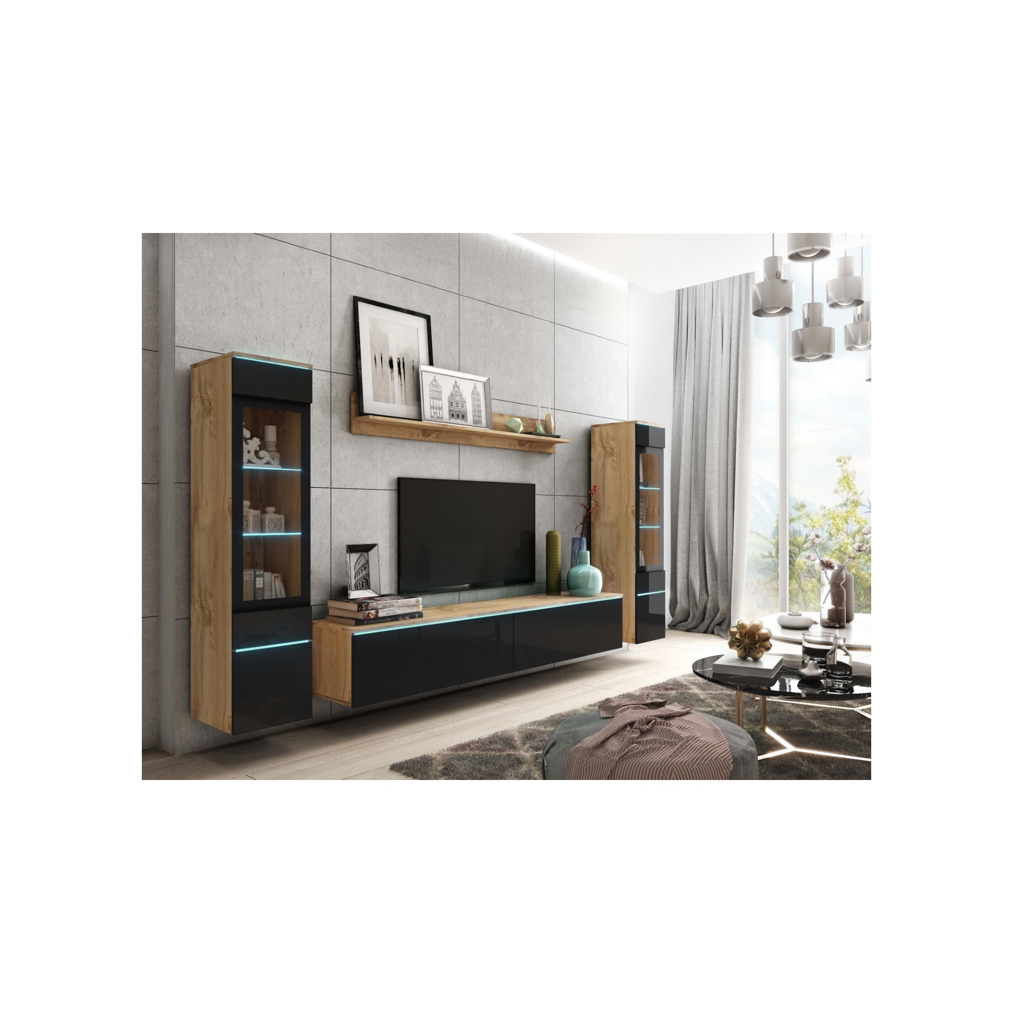 Meblościanka do salonu VEVE 2 wotan/czarny połysk