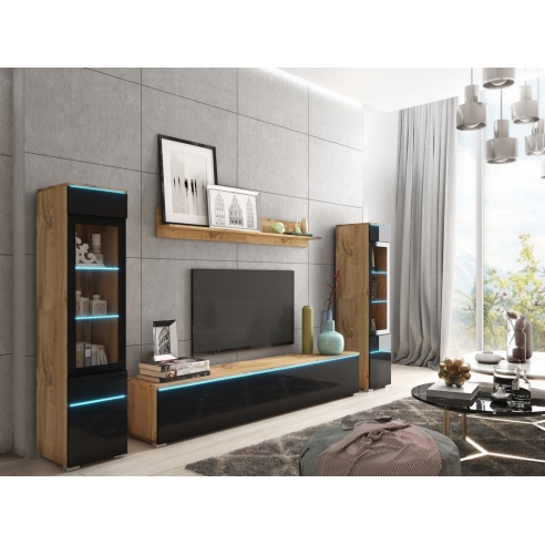 Meblościanka do salonu VEVE 2 wotan/czarny połysk