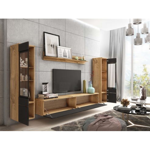 Meblościanka do salonu VEVE 2 wotan/czarny połysk