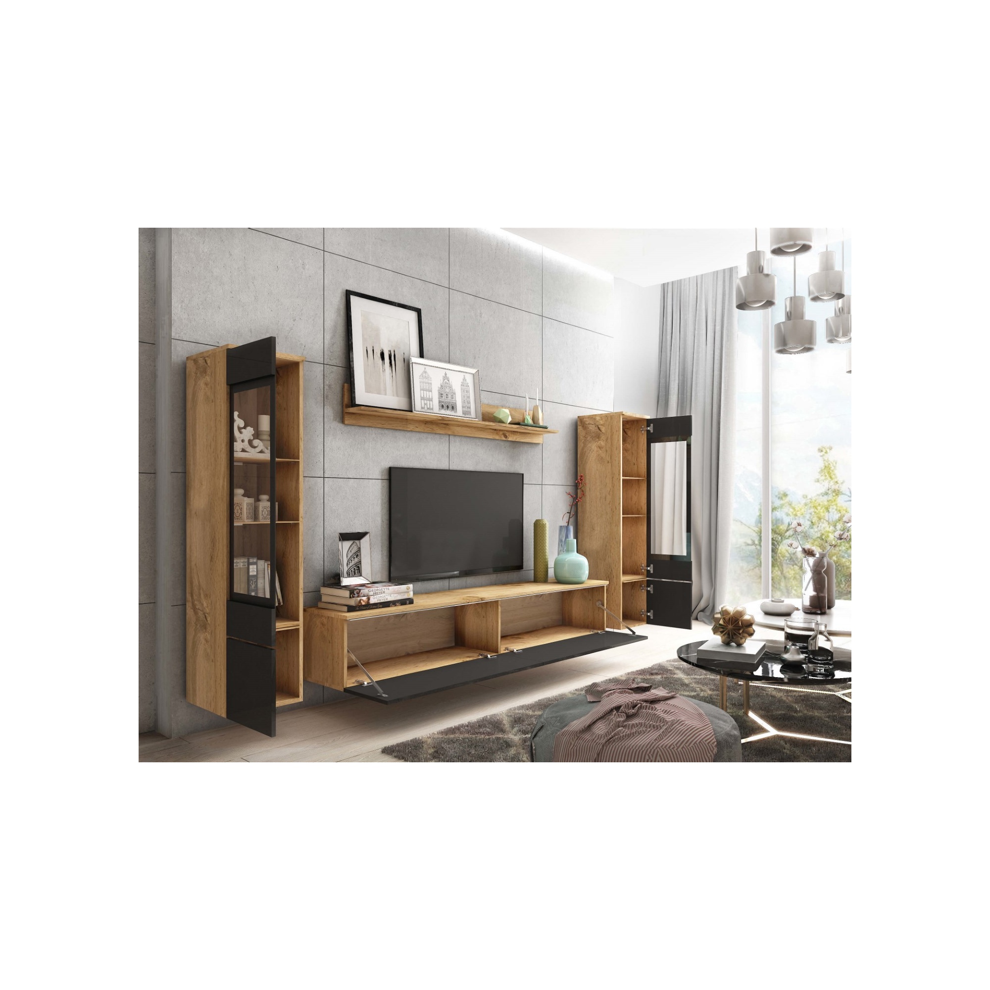 Meblościanka do salonu VEVE 2 wotan/czarny połysk