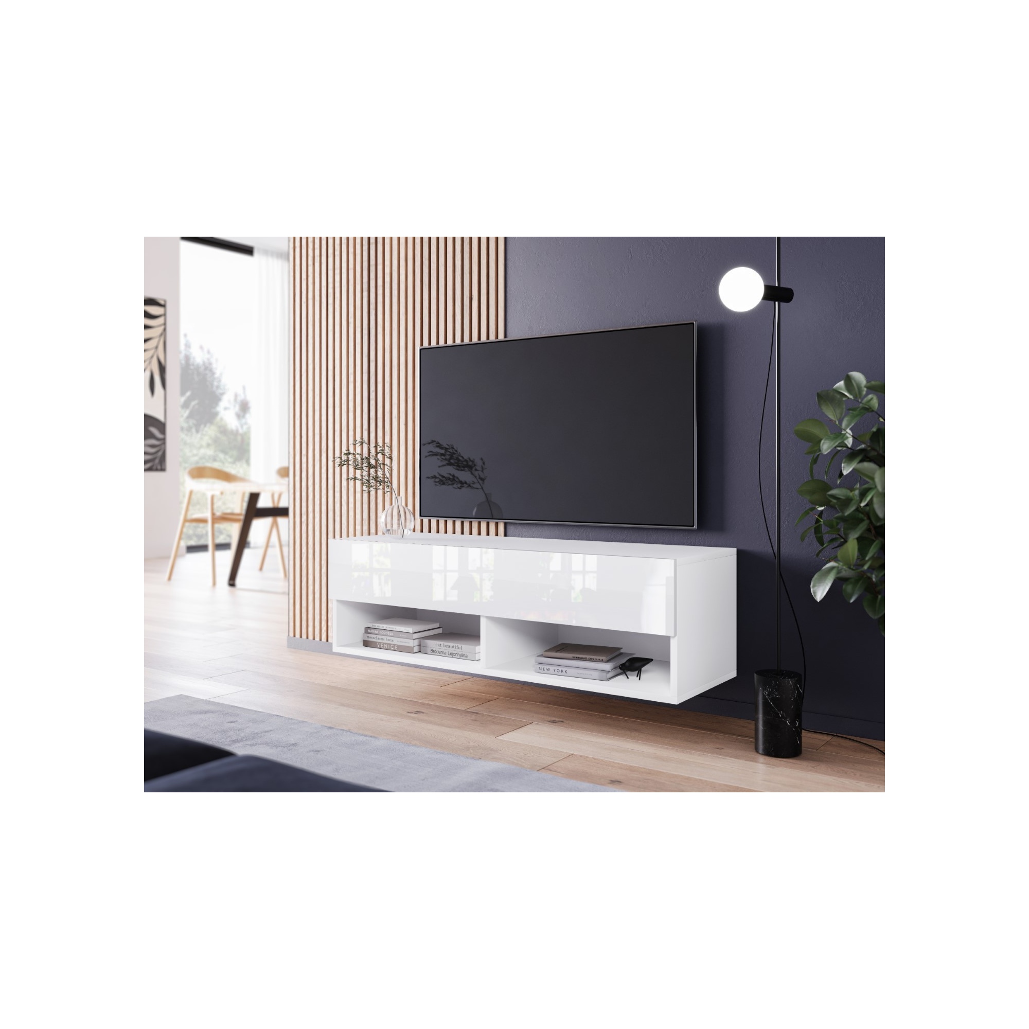 Biała wąska szafka pod TV ANNE z połyskiem