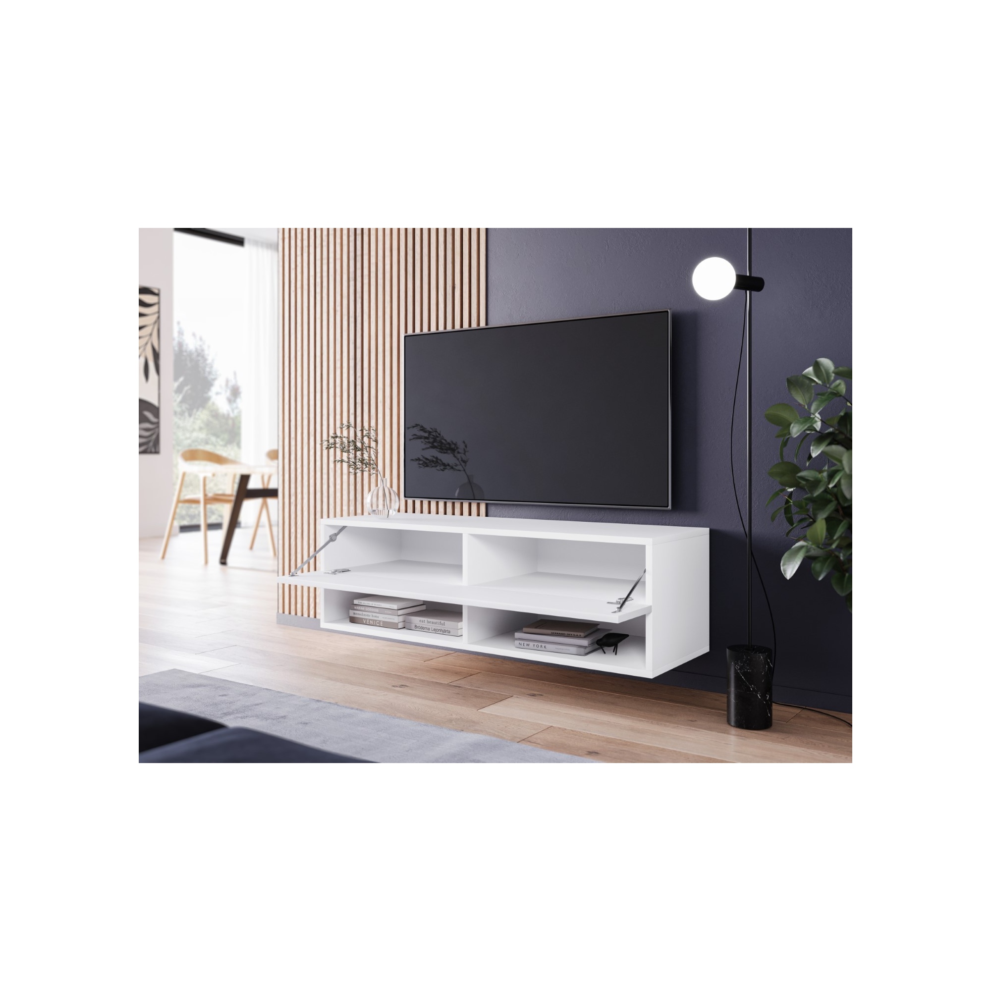 Biała wąska szafka pod TV ANNE z połyskiem